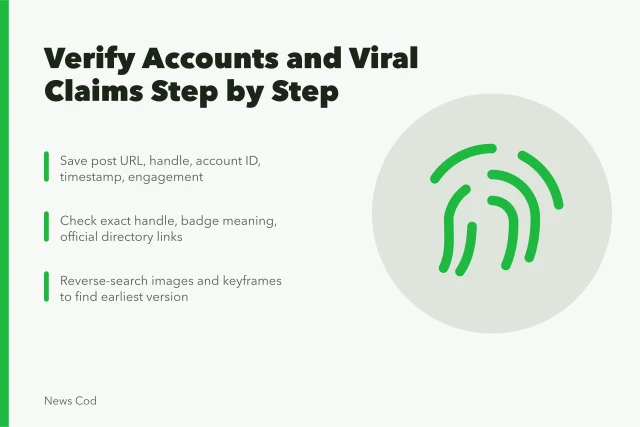 Checklist card for verifying accounts and viral claims before publication. Account and viral-claim verification checklist