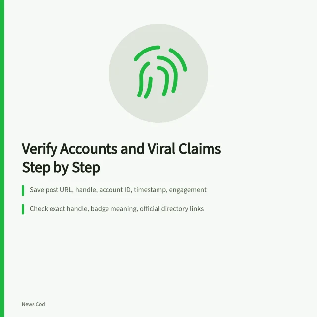 Checklist card for verifying accounts and viral claims before publication. Account and viral-claim verification checklist