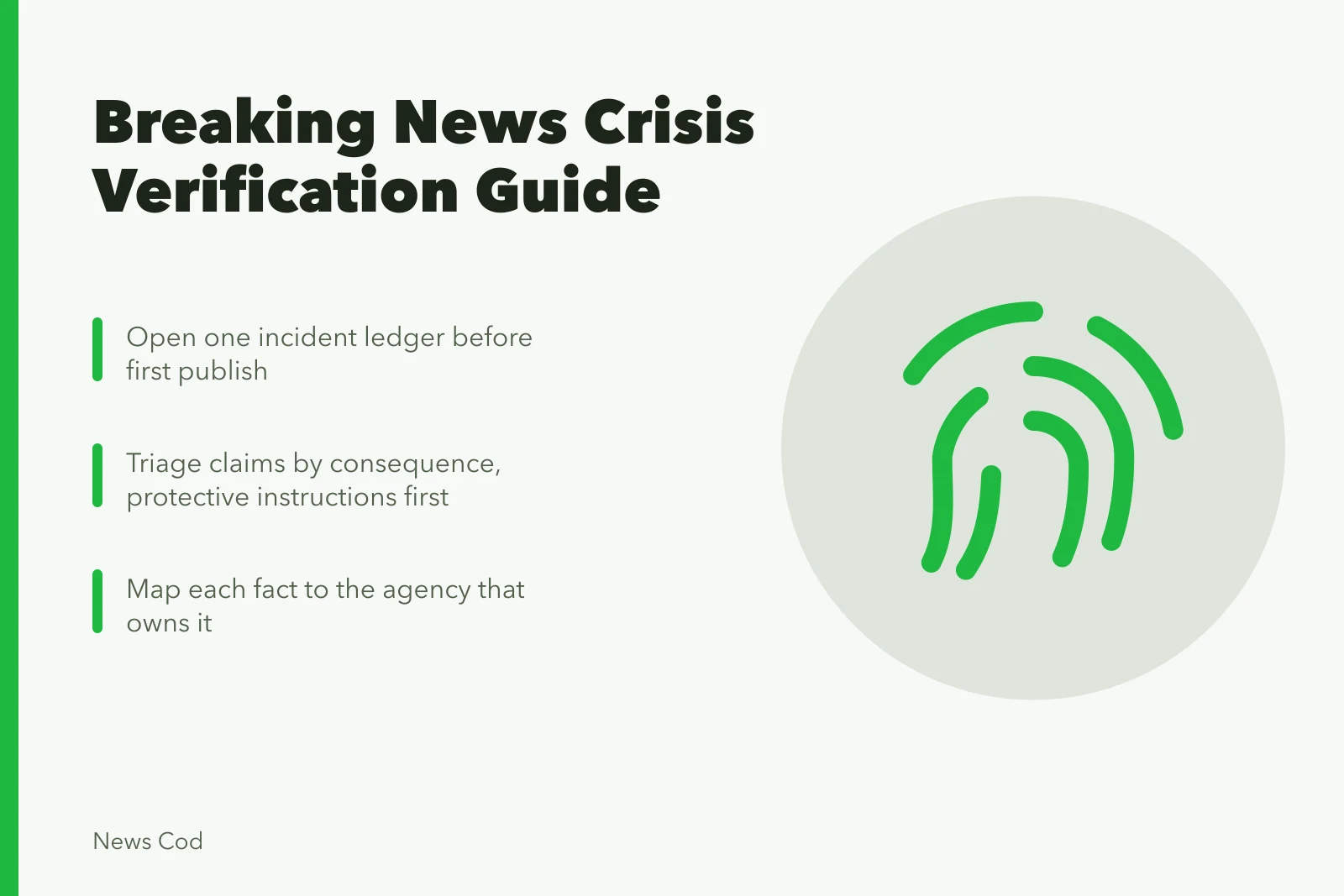 Checklist for verifying breaking news claims and crisis facts. Breaking news and crisis verification guide