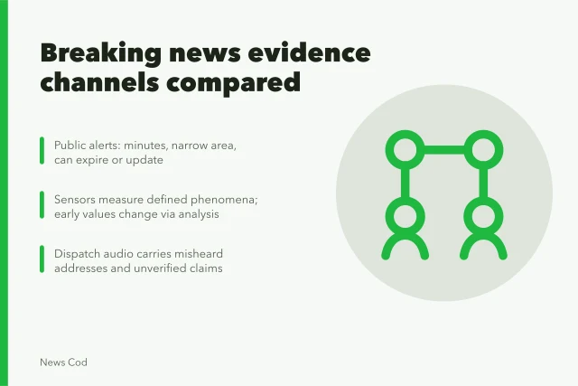 Comparison of breaking news evidence channels: alerts, sensors, dispatch, and official reports. Breaking news evidence channels compared