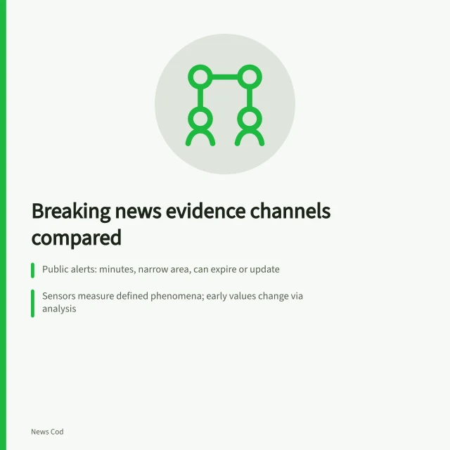 Comparison of breaking news evidence channels: alerts, sensors, dispatch, and official reports. Breaking news evidence channels compared