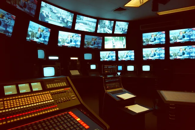 Television news control room with monitor wall and production switcher. Breaking news updates and timelines: a reporting guide