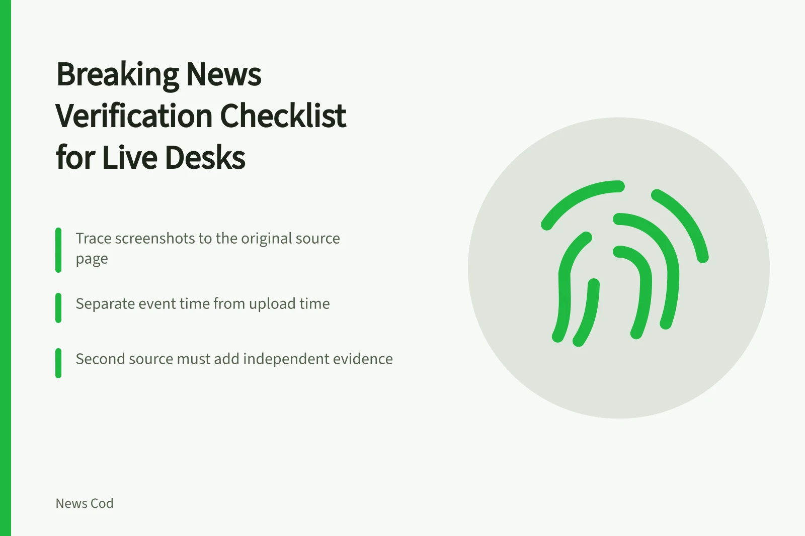 Checklist card for verifying breaking news sources, media, time, and corroboration. Breaking news verification checklist for a live desk