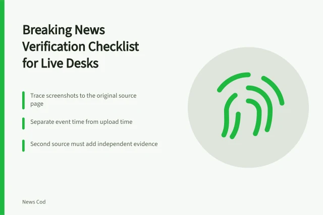 Checklist card for verifying breaking news sources, media, time, and corroboration. Breaking news verification checklist for a live desk