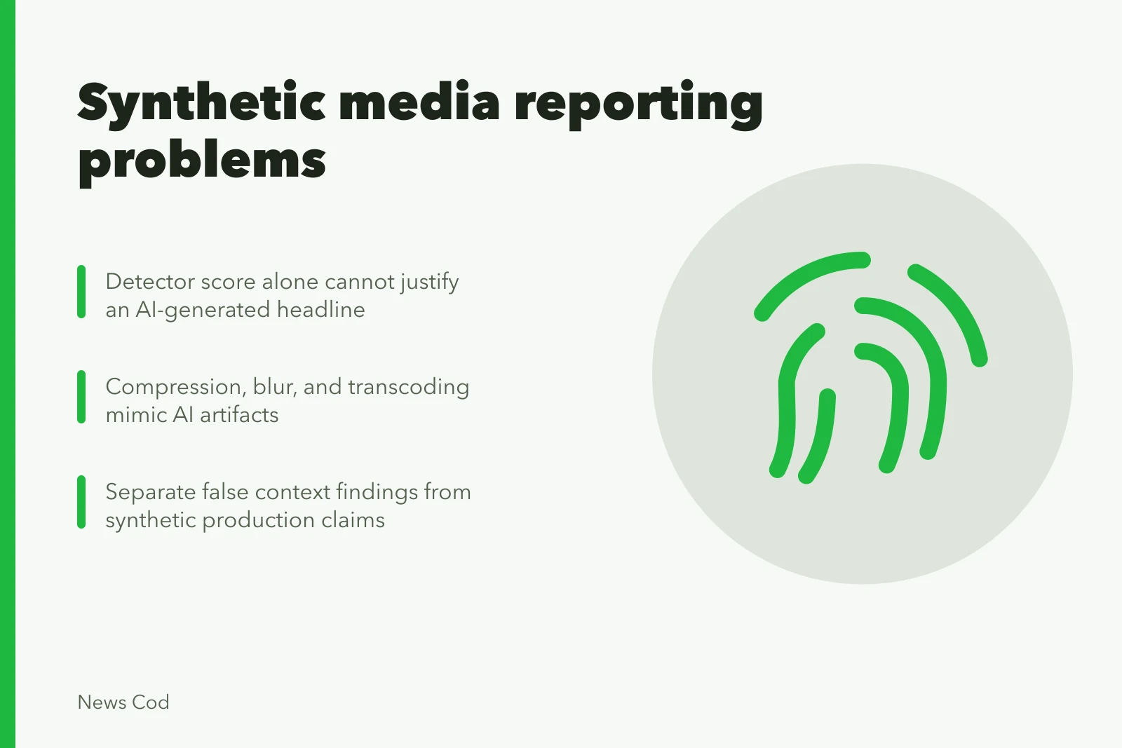 Card listing synthetic media reporting problems and verification practices. Common synthetic media reporting problems