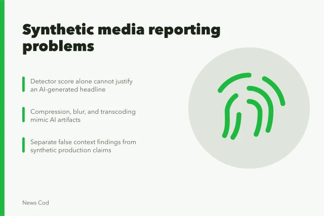 Card listing synthetic media reporting problems and verification practices. Common synthetic media reporting problems