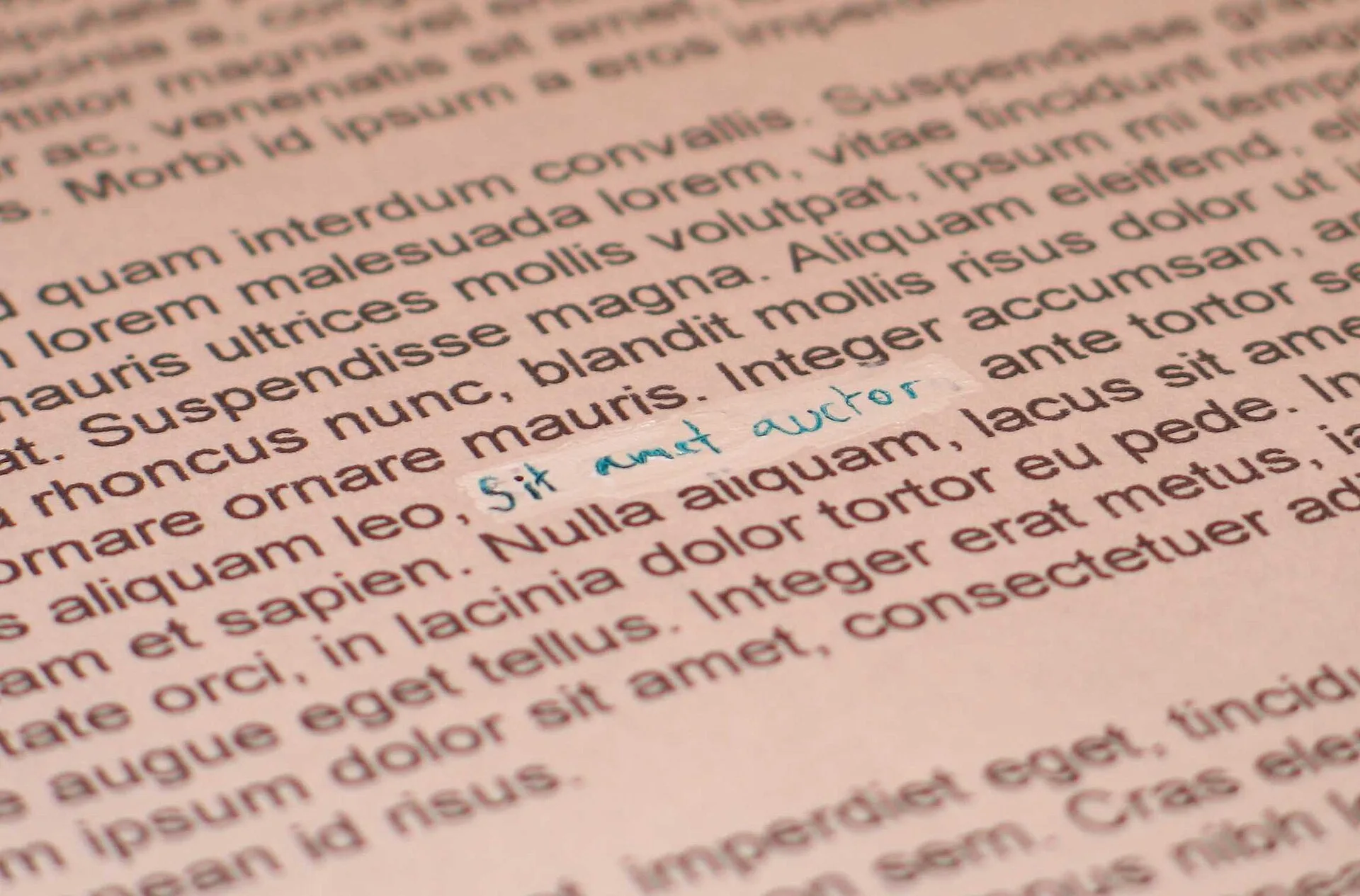 This image is an example of how correction fluid (e.g. Tipp-Ex) is used on printed documents. The text used is Lorem ipsum. Correction, clarification, update, note, and retraction compared