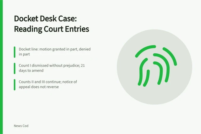 Card summarizing docket-based editing: partial dismissal, remaining counts, appeal status. 7 notes on court docket desk case worth reading