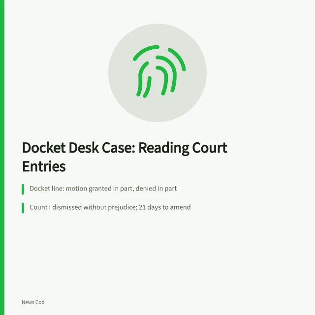 Card summarizing docket-based editing: partial dismissal, remaining counts, appeal status. 7 notes on court docket desk case worth reading