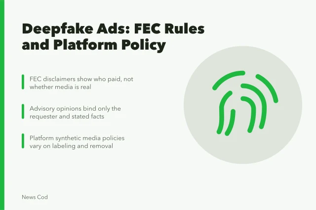 Deepfake political ad rules: FEC disclaimers, advisory opinions, platform policies. Spotting deepfakes in US political ads under FEC rules and platform policy
