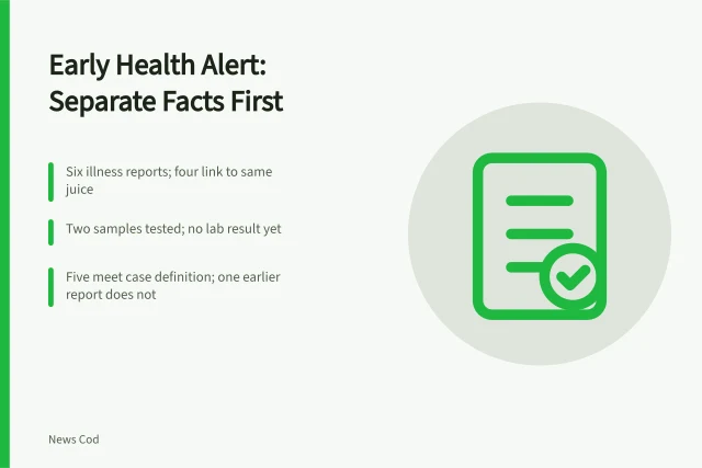 Card summarizing early health alert reporting steps and counts. What a health alert can say before the case count is confirmed
