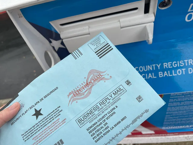 Ballot with ballot box in Sonoma, California. Election and political evidence types compared