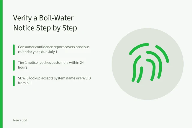Checklist comparing a boil-water notice, annual water report, and SDWIS violation record. EPA Water Quality Reports: How to Verify a Local Utility's Boil-Water Notice
