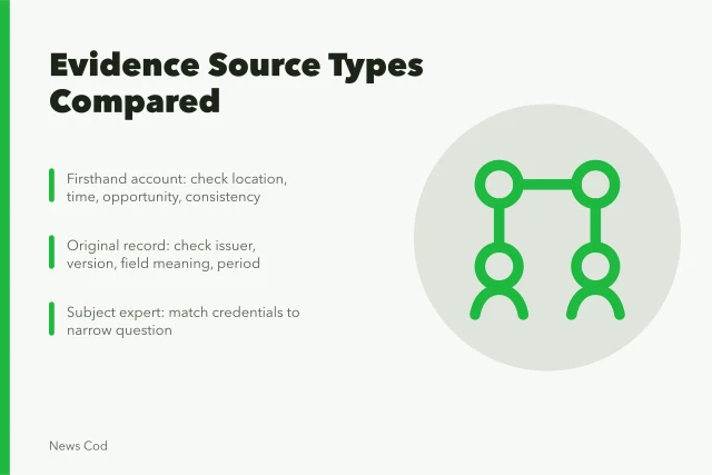 Comparison of firsthand accounts, original records, and subject experts for evidence checking. Evidence source types compared: firsthand accounts, records, experts and reports