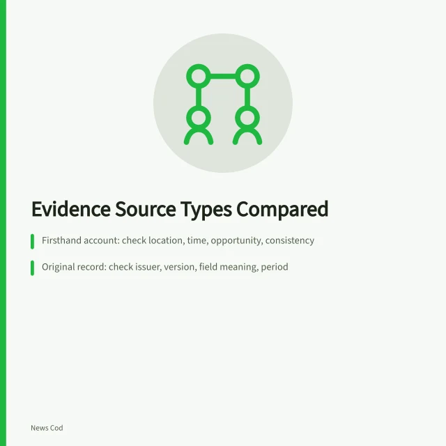 Comparison of firsthand accounts, original records, and subject experts for evidence checking. Evidence source types compared: firsthand accounts, records, experts and reports