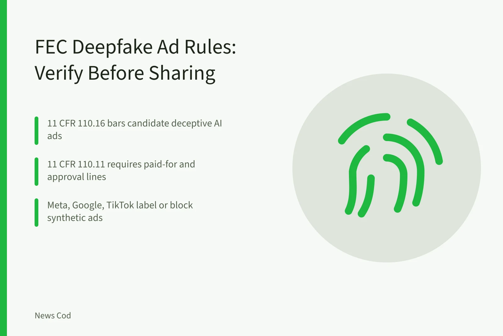 Card on FEC deepfake ad rules and verifying political videos before sharing. FEC deepfake ad rules: how to verify a political video before you share it