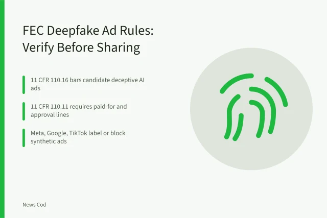 Card on FEC deepfake ad rules and verifying political videos before sharing. FEC deepfake ad rules: how to verify a political video before you share it
