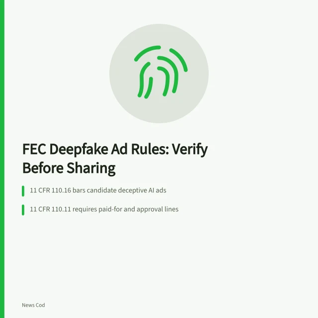 Card on FEC deepfake ad rules and verifying political videos before sharing. FEC deepfake ad rules: how to verify a political video before you share it