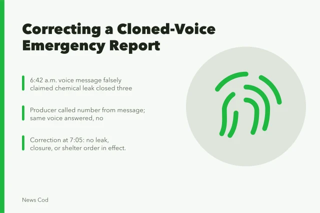 Card summarizing a fictional newsroom correction of a cloned-voice emergency report. Fictional case: correcting a cloned-voice emergency report