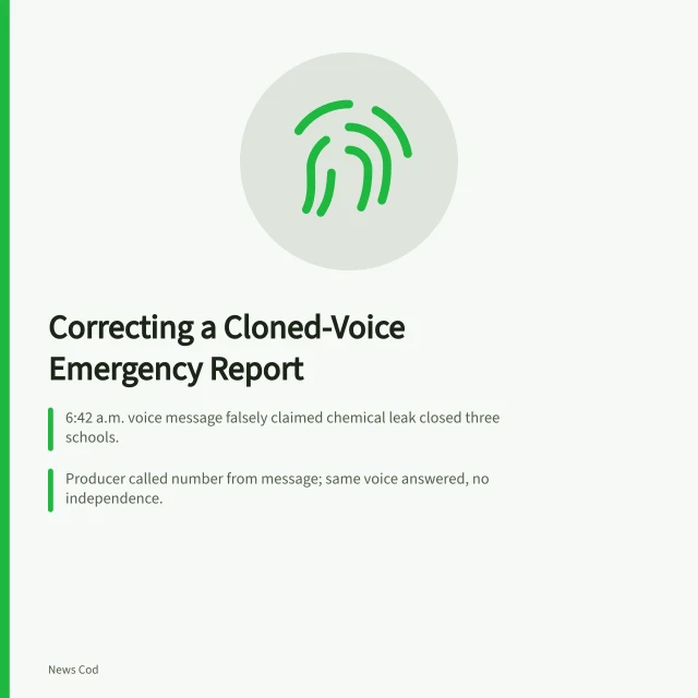 Card summarizing a fictional newsroom correction of a cloned-voice emergency report. Fictional case: correcting a cloned-voice emergency report