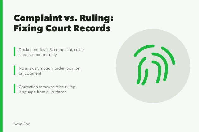 Court docket verification checklist with entry numbers and correction steps. Fictional case: correcting a complaint reported as a ruling