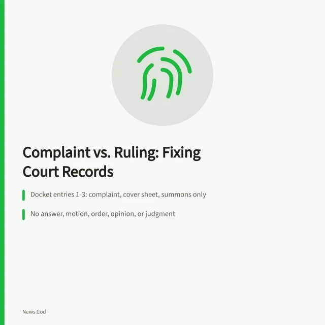Court docket verification checklist with entry numbers and correction steps. Fictional case: correcting a complaint reported as a ruling