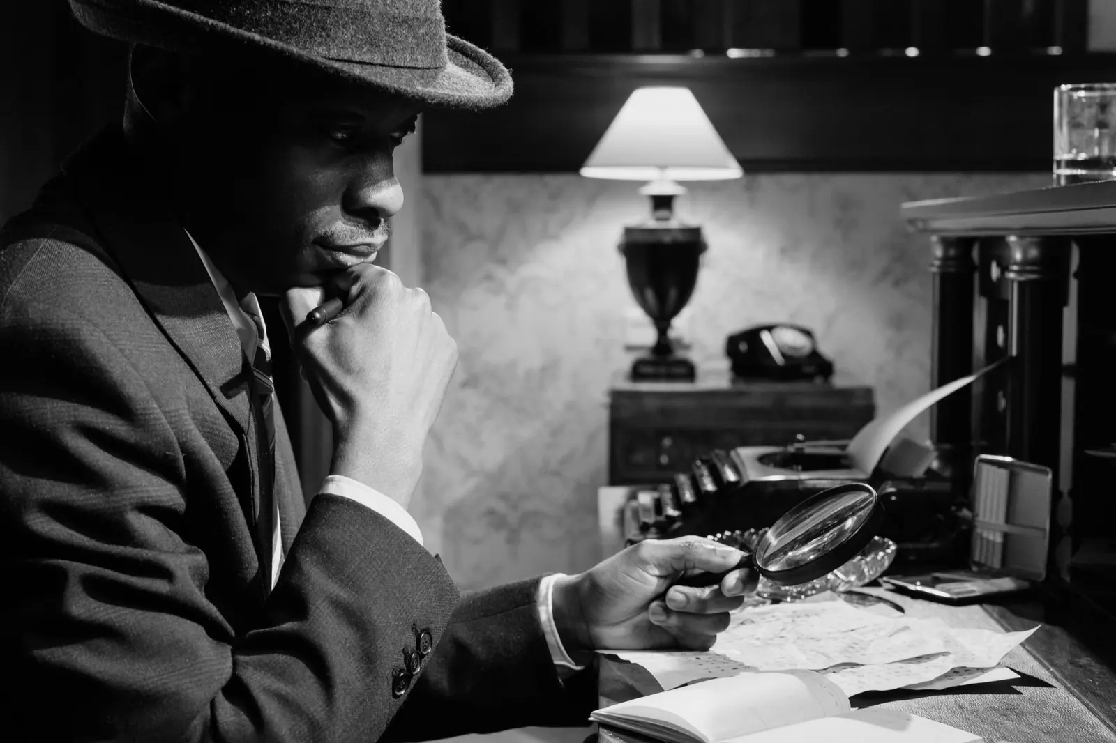 A detective in a 1950s office, inspecting with a magnifying glass. Fictional case: correcting a fake emergency-agency account