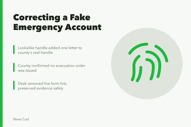 Card on correcting a fake emergency-agency account and verifying alerts. Fictional case: correcting a fake emergency-agency account