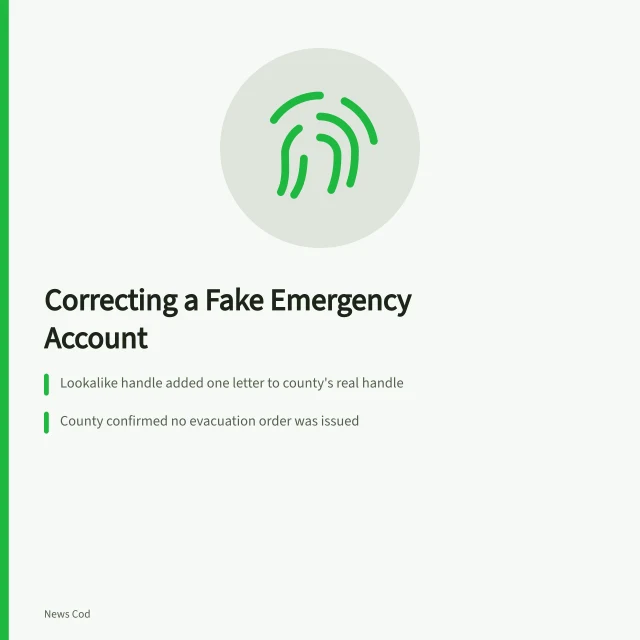 Card on correcting a fake emergency-agency account and verifying alerts. Fictional case: correcting a fake emergency-agency account
