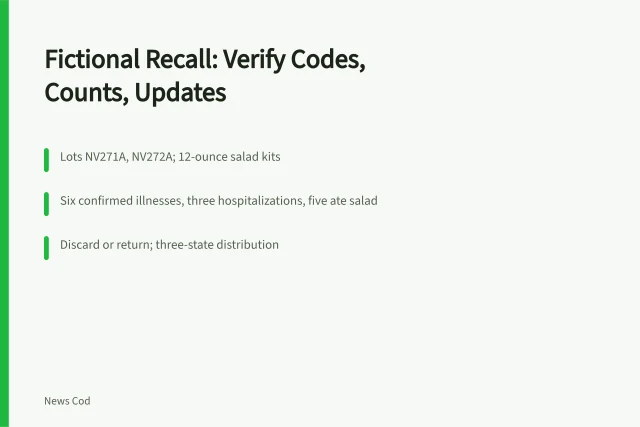 Card summarizing fictional salad recall lots, case counts, and consumer action. Case study: reporting a fictional food recall and outbreak alert
