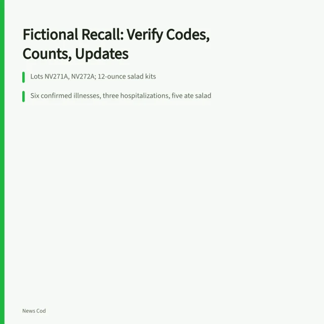 Card summarizing fictional salad recall lots, case counts, and consumer action. Case study: reporting a fictional food recall and outbreak alert