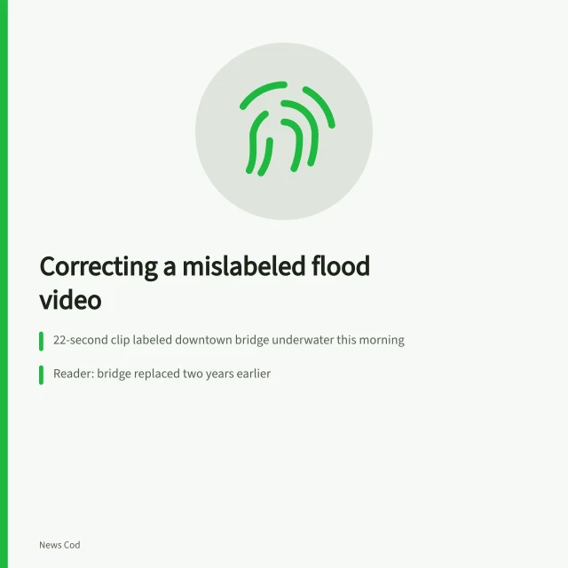Flood video correction case tracing an old clip through reposts and geolocation. Fictional case: correcting an old flood video labeled as current