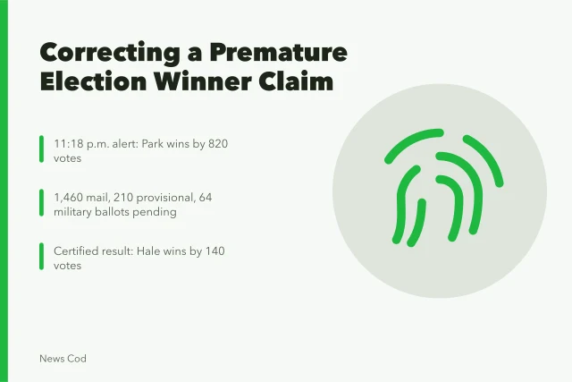 Election correction card showing premature winner claim and certified result. Fictional case: correcting a premature election winner claim