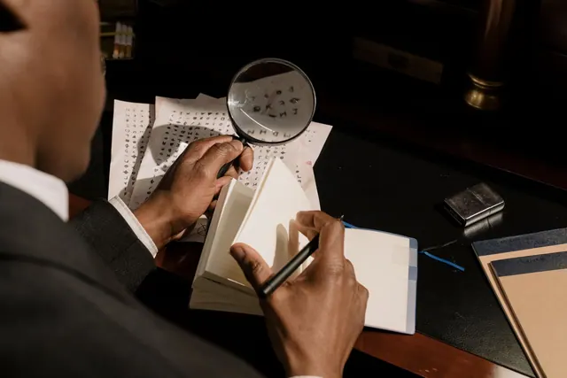 A detective examines encrypted documents with a magnifying glass in moody lighting. Fictional case: correcting a retracted health study story