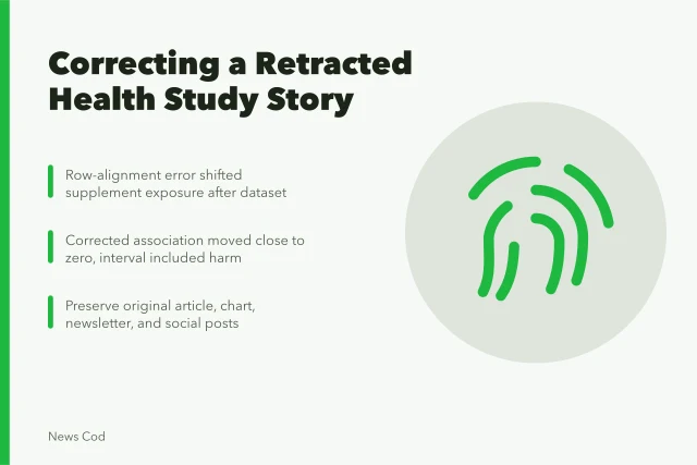 Retracted health study correction: coding error, corrected analysis, preserve original story. Fictional case: correcting a retracted health study story
