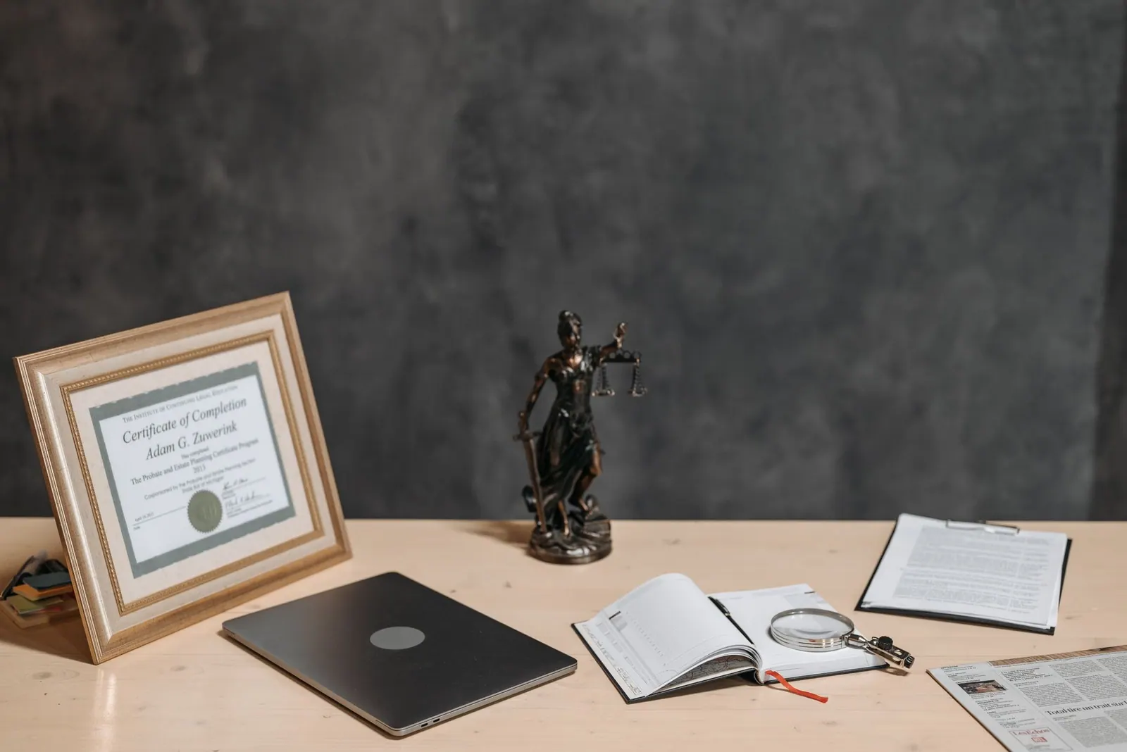 A lawyer's desk featuring a justice statue, diploma, laptop, magnifying glass, and documents. Fictional case: correcting a false survey trend and chart