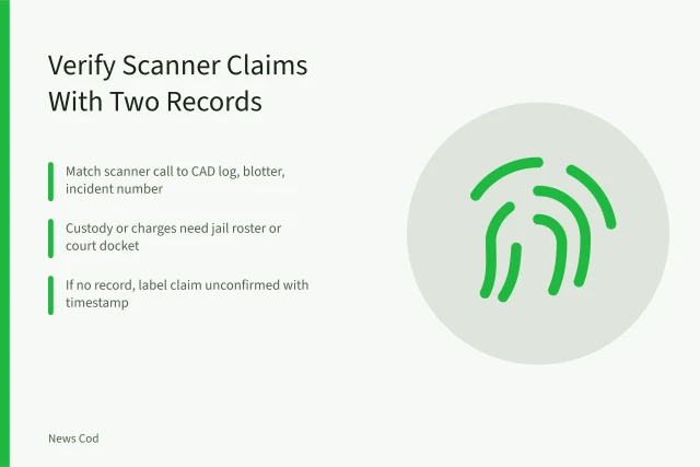 Card on verifying police scanner claims with dispatch logs and court records. How to Verify a Police Scanner Claim in a US City: Records and Feeds