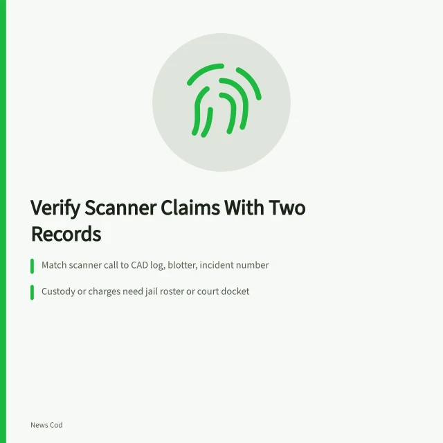 Card on verifying police scanner claims with dispatch logs and court records. How to Verify a Police Scanner Claim in a US City: Records and Feeds