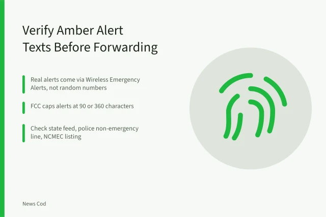 Amber Alert text verification checklist with sender, feed, and agency checks. How to Verify a US or Canadian Amber Alert Text Before You Forward It