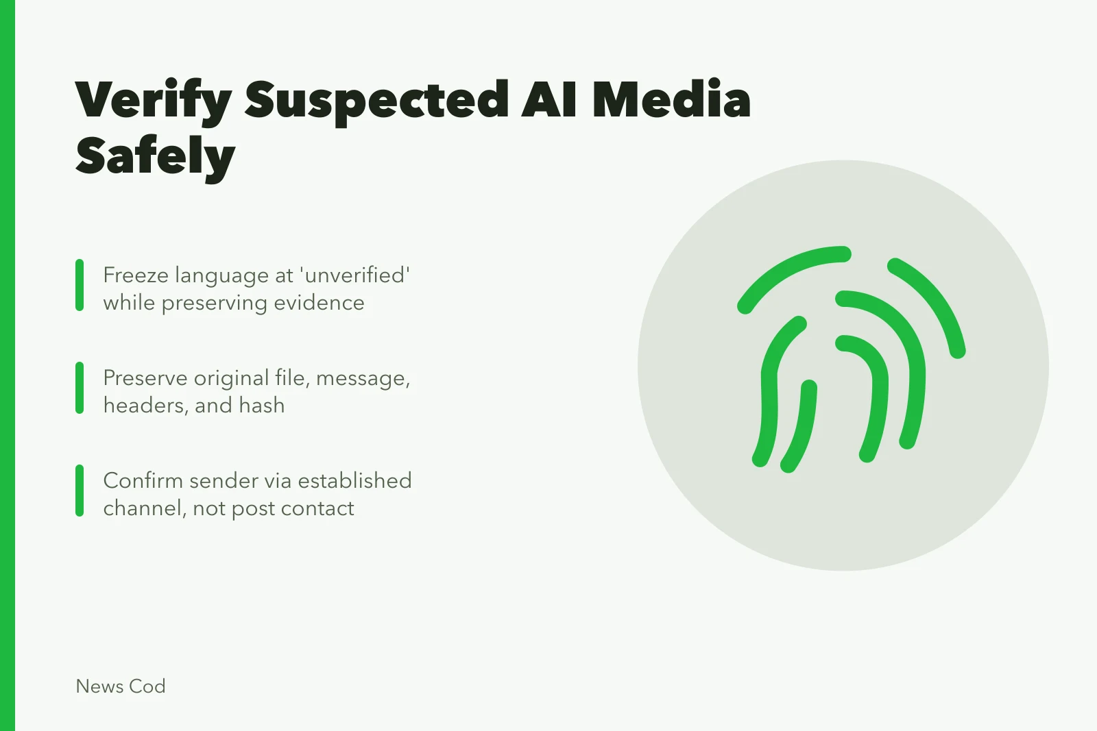 Card outlining steps to verify suspected AI images, video, and audio. How to verify suspected AI images, video, and audio