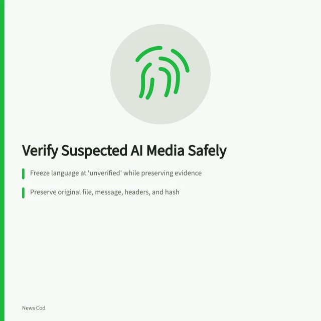 Card outlining steps to verify suspected AI images, video, and audio. How to verify suspected AI images, video, and audio