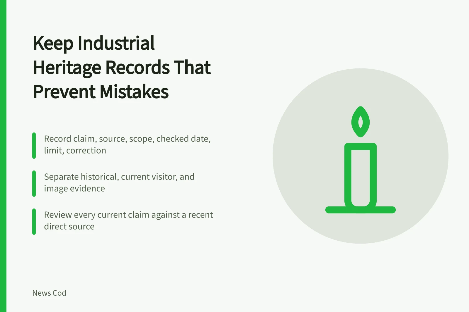 Card listing claim-level record fields for industrial heritage travel guides. How to keep industrial heritage travel records that prevent mistakes