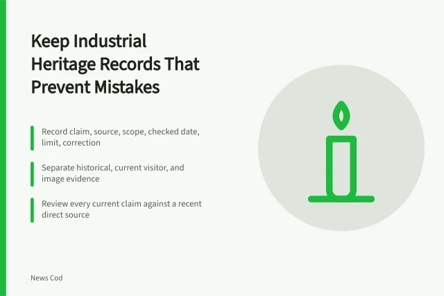 Card listing claim-level record fields for industrial heritage travel guides. How to keep industrial heritage travel records that prevent mistakes