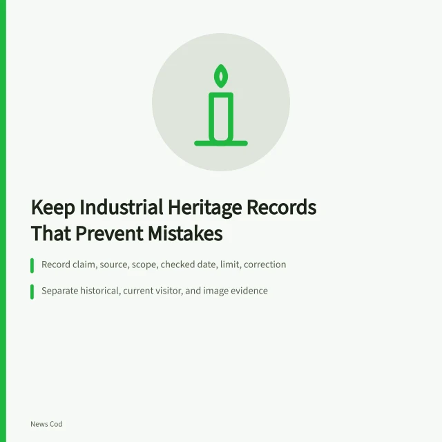 Card listing claim-level record fields for industrial heritage travel guides. How to keep industrial heritage travel records that prevent mistakes