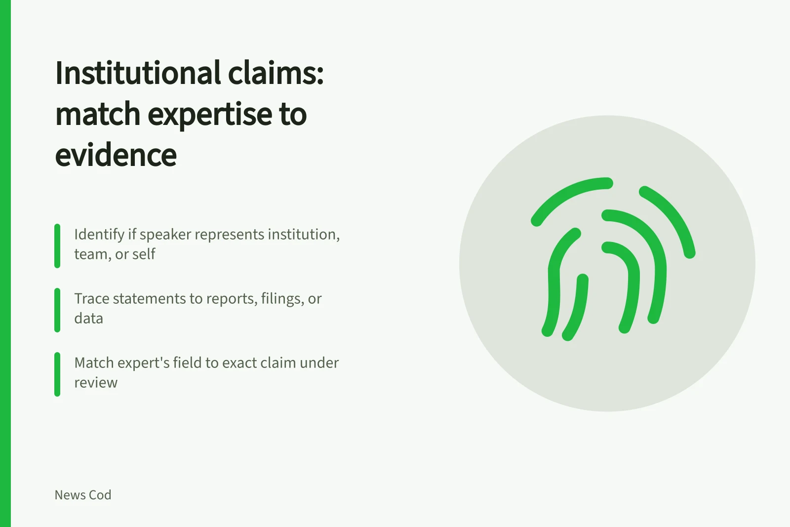 Checklist for verifying institutional claims, sources, and expert credentials. Institutional claims guide: matching expertise to the actual claim