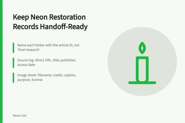 Card on keeping neon sign restoration case study records and source logs. How to keep neon sign restoration case study records without losing the paper trail