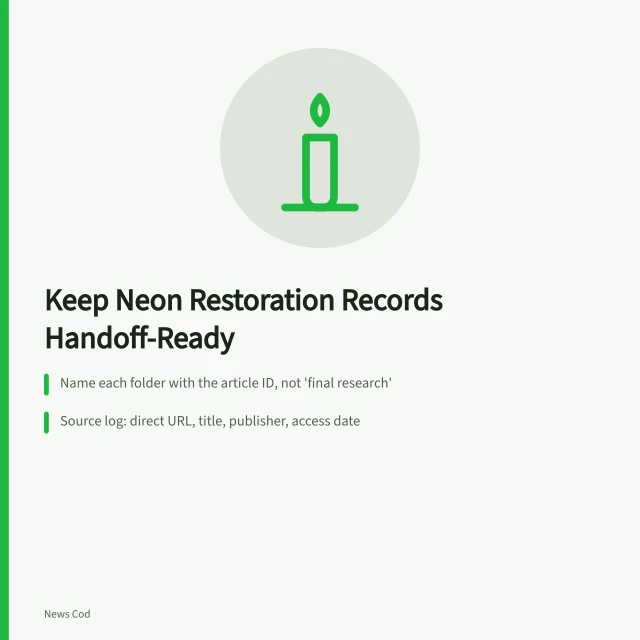 Card on keeping neon sign restoration case study records and source logs. How to keep neon sign restoration case study records without losing the paper trail
