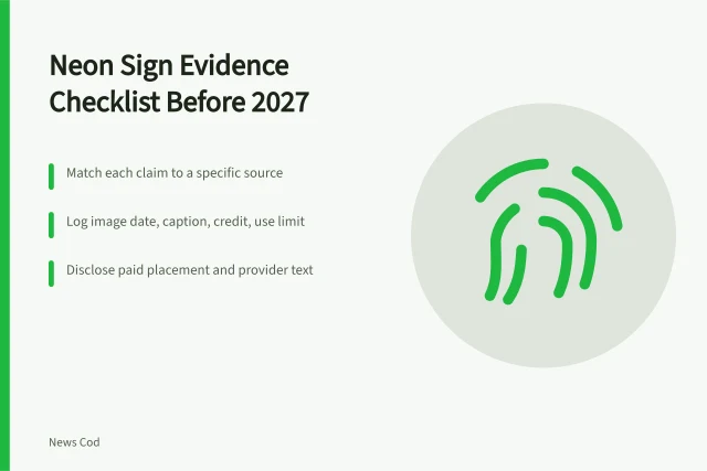 Checklist card for verifying neon sign claims, images, and disclosures. Neon sign restoration: a mistake prevention checklist before your 2027 story runs