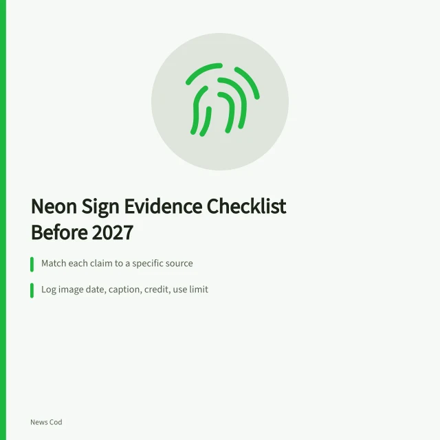 Checklist card for verifying neon sign claims, images, and disclosures. Neon sign restoration: a mistake prevention checklist before your 2027 story runs