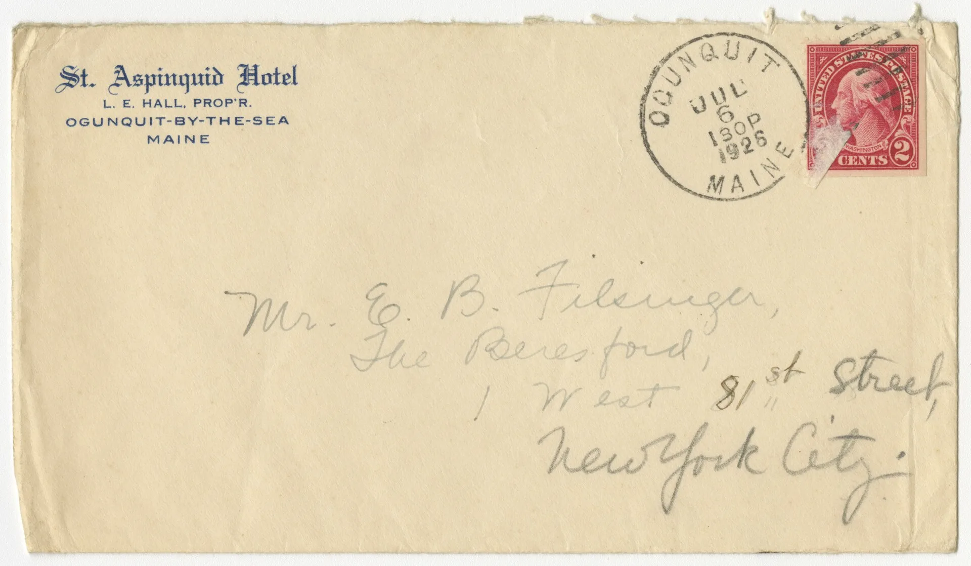 Describes the sea at Ogunquit and people she met there. Includes envelope. Transcription: St Aspinquid Hotel Ogunquit-By-The-Sea Maine July 4, 1926. Dearest Ernst: I am sorry not to be with you on these three days of holiday. I wish you had arranged to come here. The beauty of the coast line is grow. Public document types and statuses compared